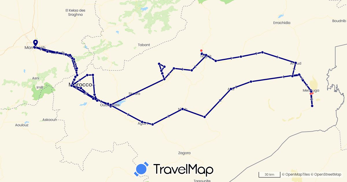 TravelMap itinerary: driving, hiking in Morocco (Africa)