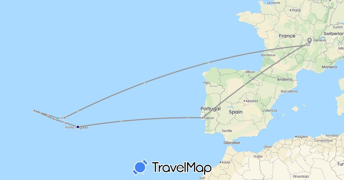 TravelMap itinerary: driving, plane, boat in France, Portugal (Europe)